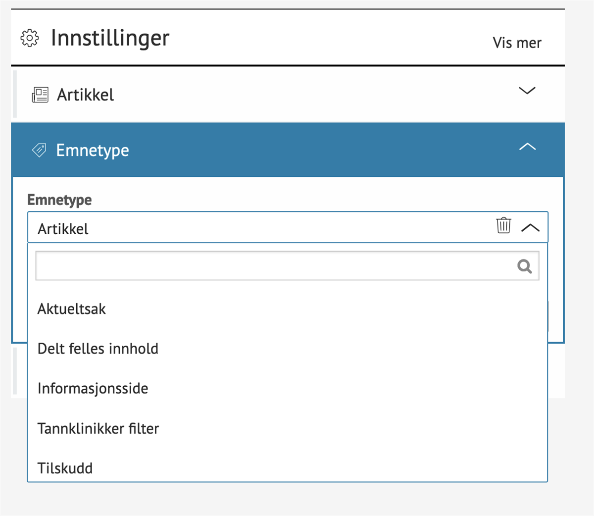 Skjermdump av Emnetyper i ACOS CMS - Klikk for stort bilde