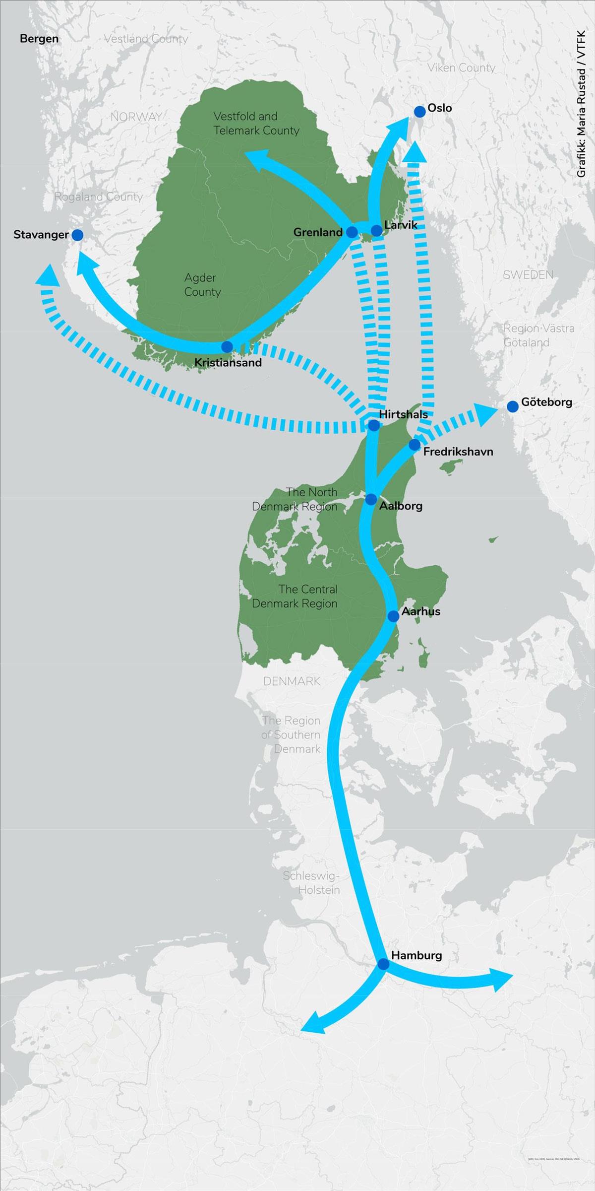Kart som viser Jyllandskorridoren  - Klikk for stort bilde