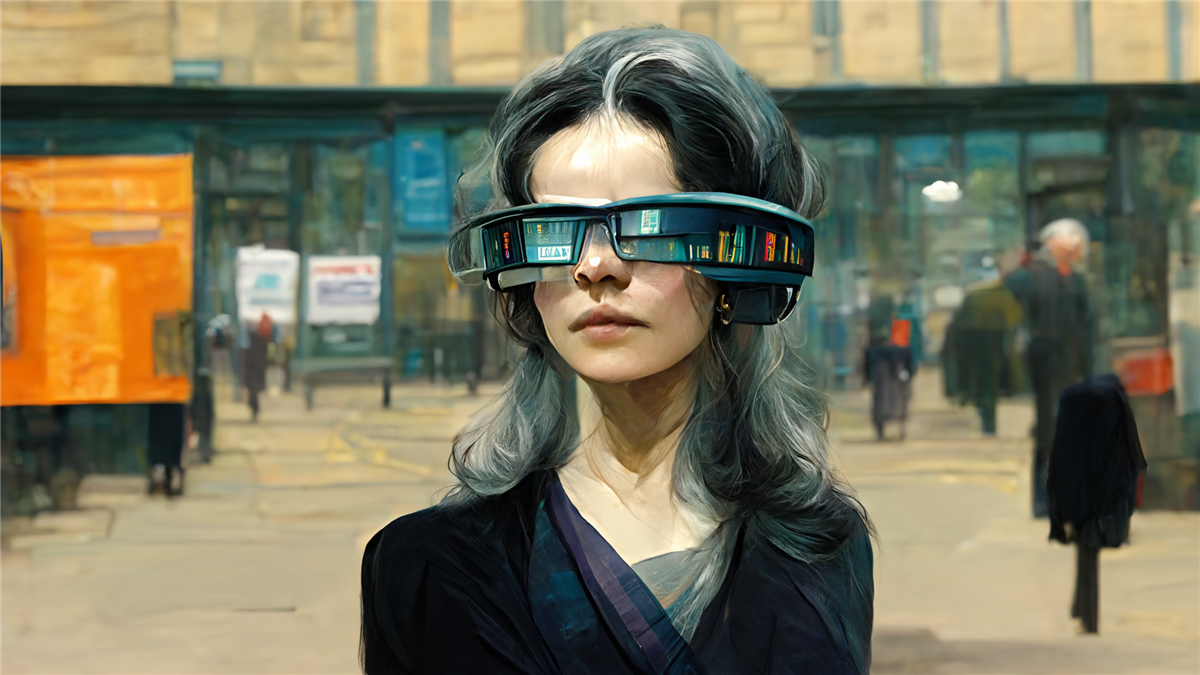 Woman with sleek_augmented reality glasses in library - Klikk for stort bilde