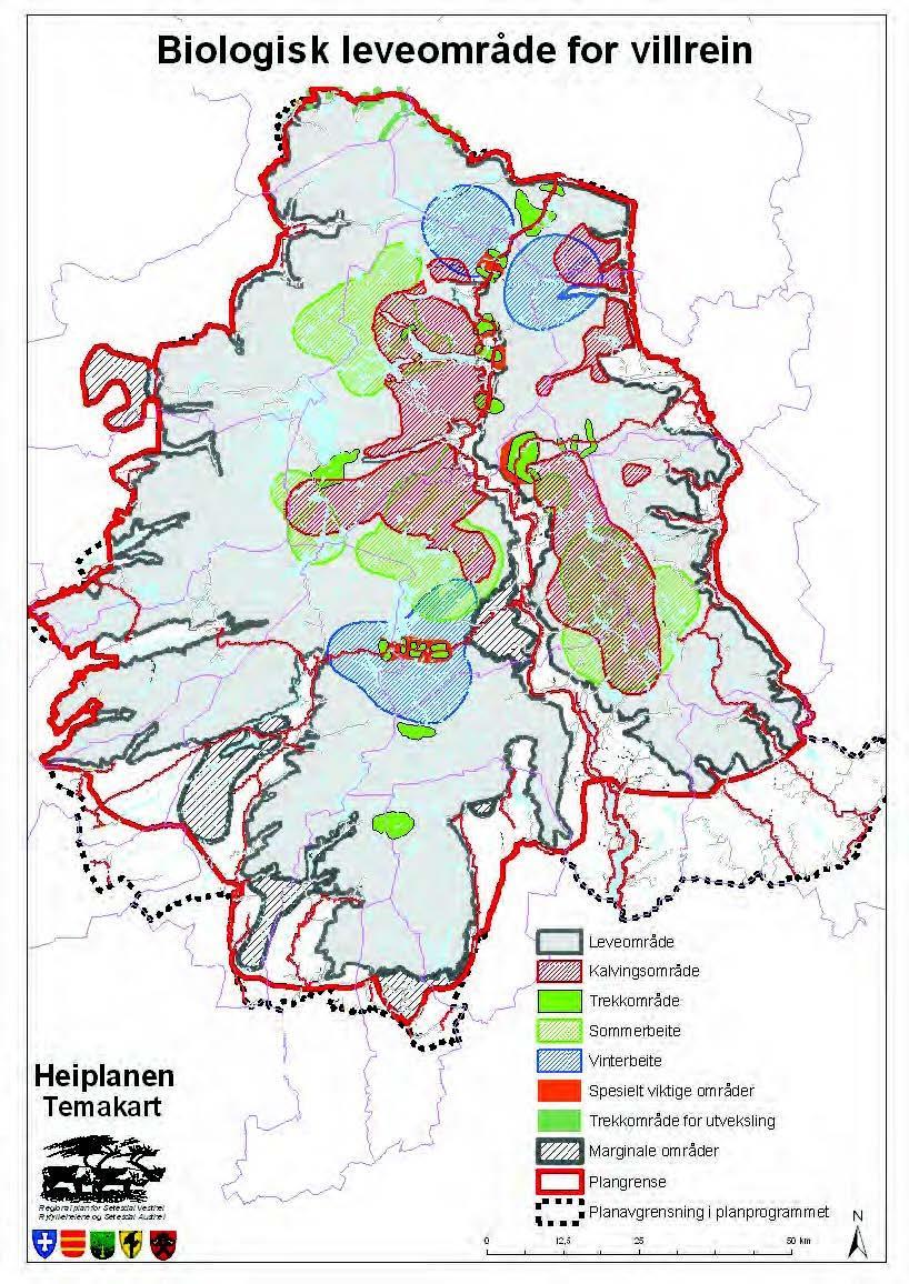 Kart over biologisk leveområde for villrein - Klikk for stort bilde