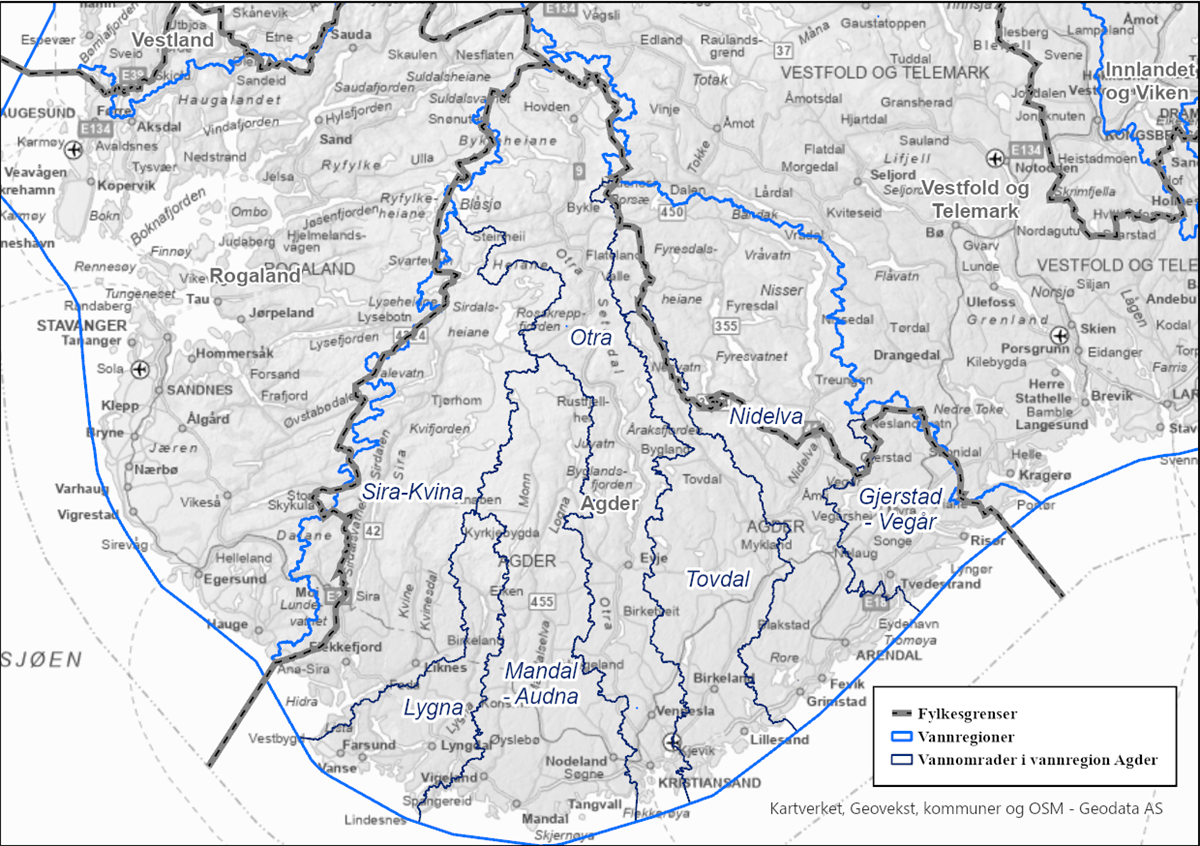Kart som viser Agder vannregion og vannområder i Agder - Klikk for stort bilde