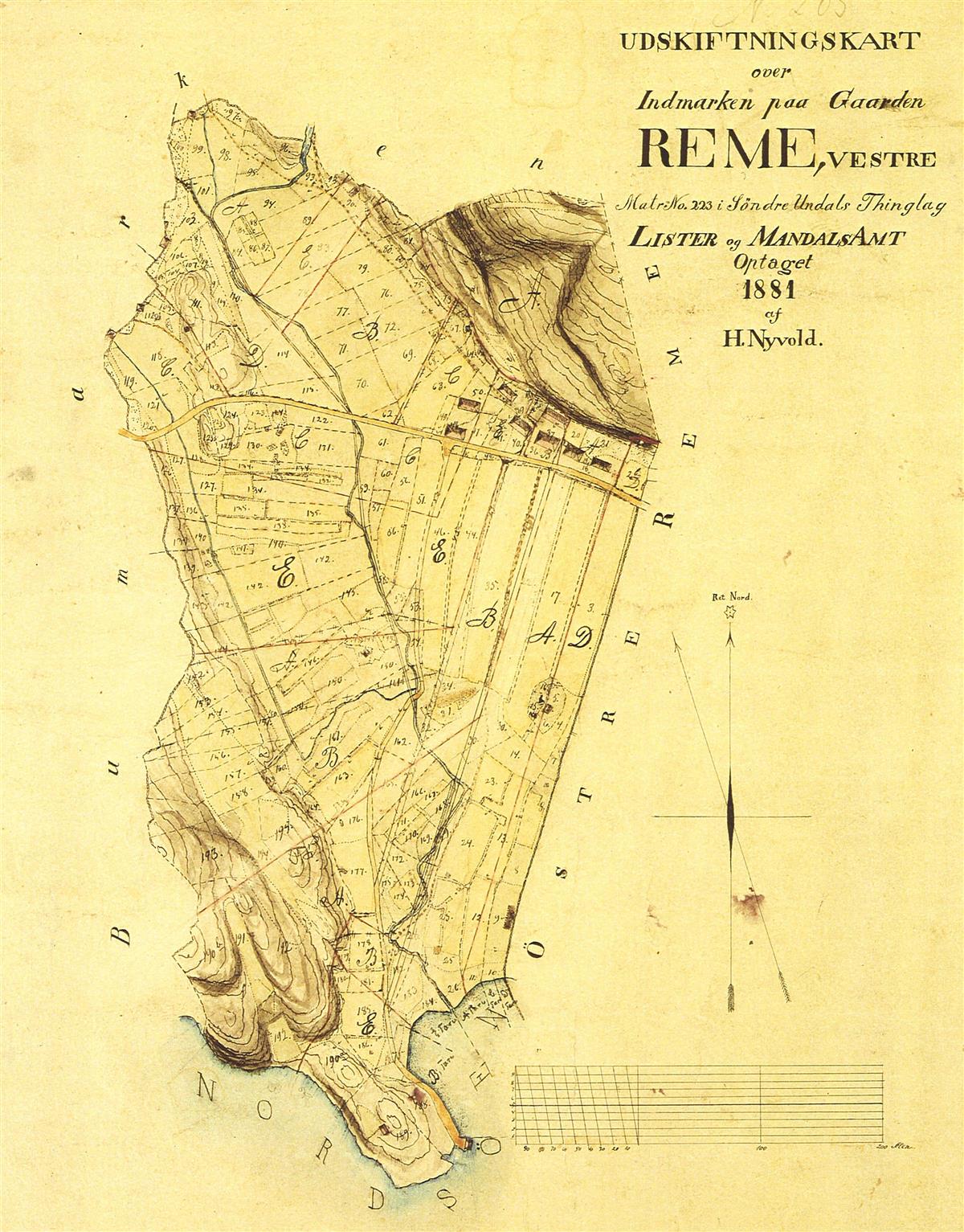 Gammelt utskiftningskart fra 1881. Illustrasjon. - Klikk for stort bilde