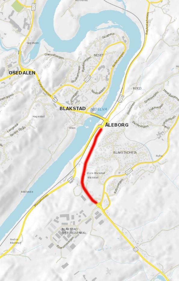 Kart over prosjektområdet ved Blakstadheia. Illustrasjon som viser området som er stengt for biltrafikk frem til 31.januar 2023. - Klikk for stort bilde