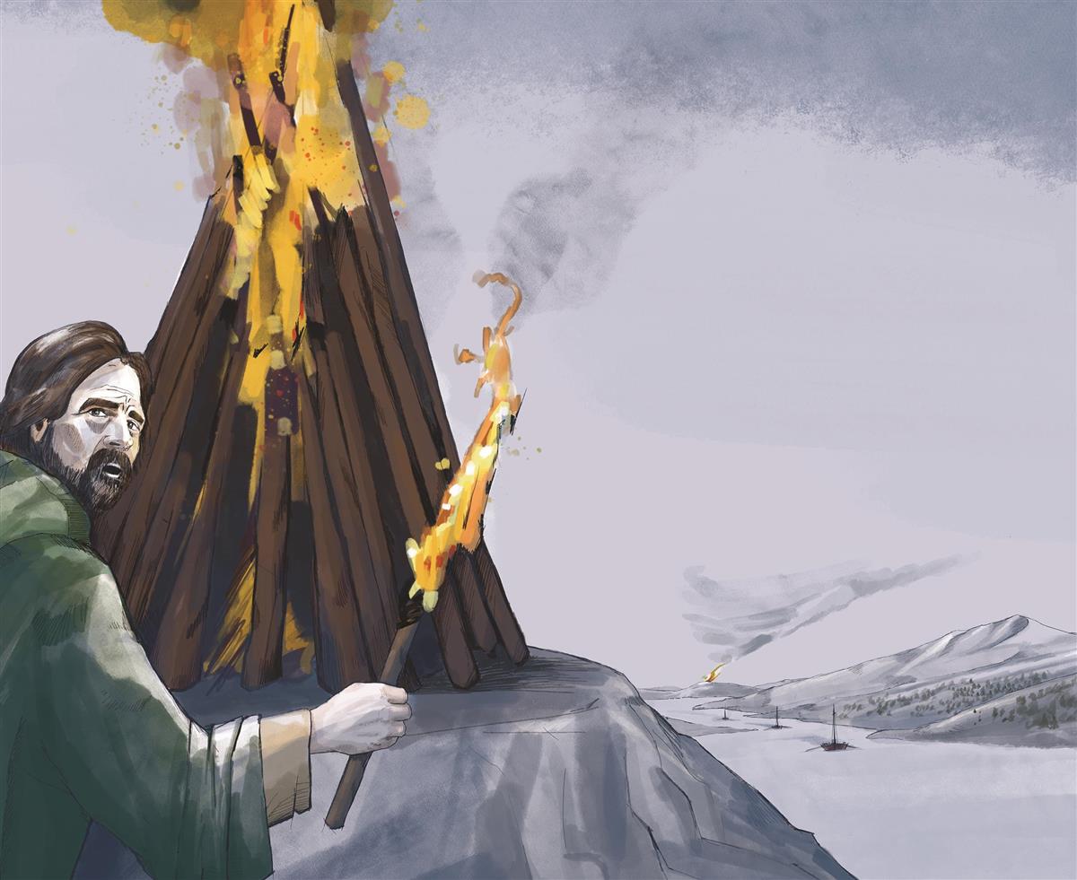 en illustrasjon som viser en mann som ser seg over skulderen. Han holder en fakkel i hånden og står foran et stort brennende bål. I bakgrunnen er det et landskap med fjord og fjell. 