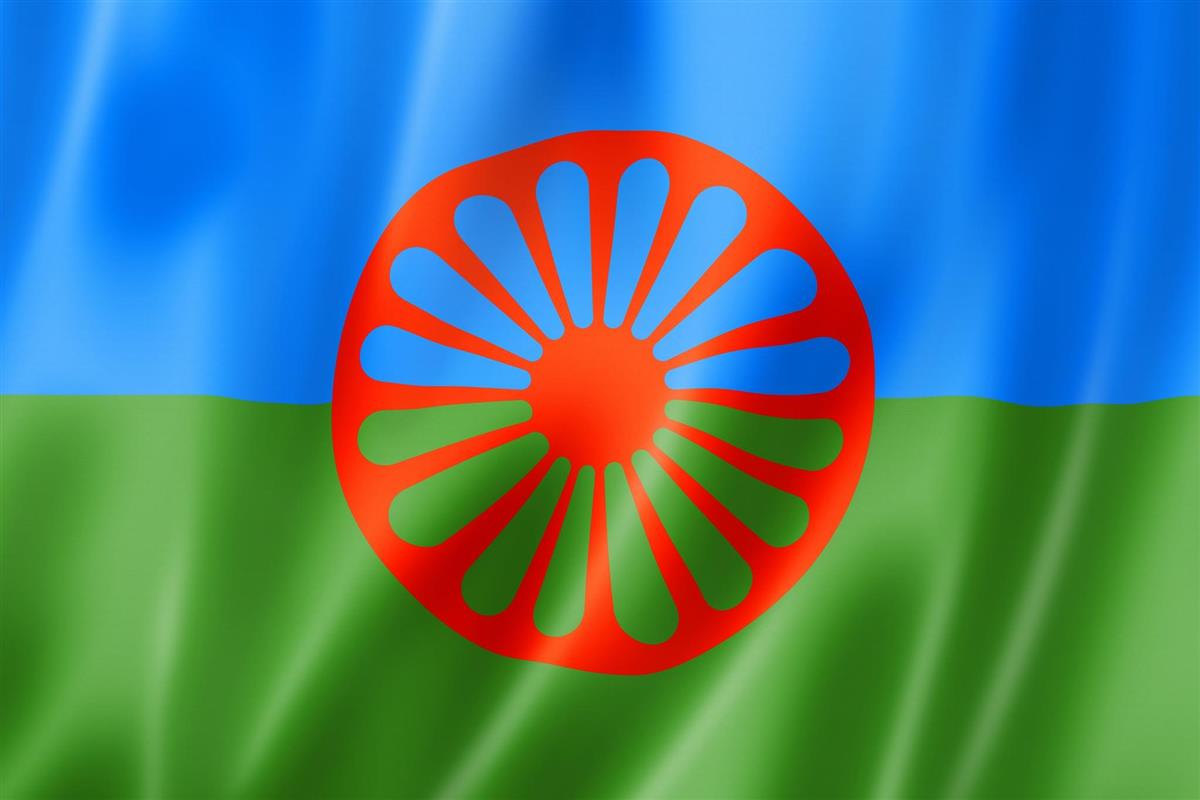 Rom- og romanifolkets flag. Flagget er delt i to horisontalt på midten med en lyseblå farge på toppen og grønn på bunnen. I midten er et hjul som opptar en sjettedel i midten av flagget. Dette hjulet er rødt. 